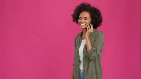 Lady rest call device friend say tell news isolated fuschia color background Video stock 166305545