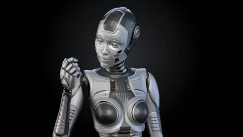 Lady robot looks around Stock Footage 251746590