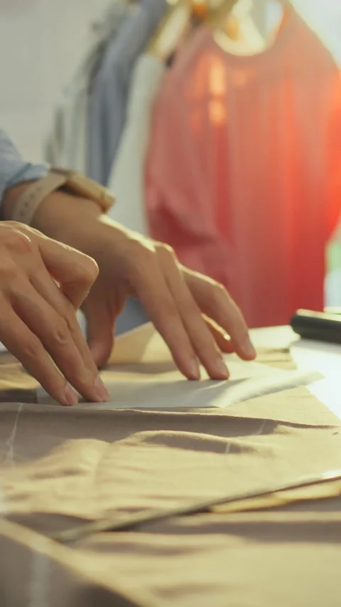 Lady seamstress at her work table marks fabric with white chalk tracing deta Stock Footage 341284409