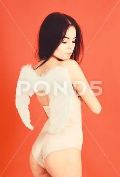 Lady sexi dressed as angel, red background. Angel sexy girl with fluffy feather Stock Photos