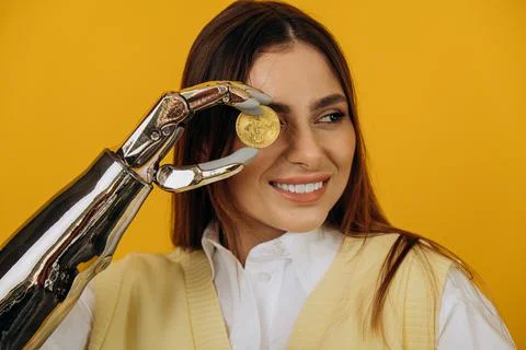 Lady with shiny bionic arm holds golden bitcoin on yellow Foto stock