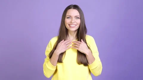 Lady show hand refusal gesture isolated vibrant color background Video stock 169997882