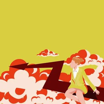 Lady Sitting Arrow Representing Financial Success. Lady Reaching Cloudy Sky Stock Illustration