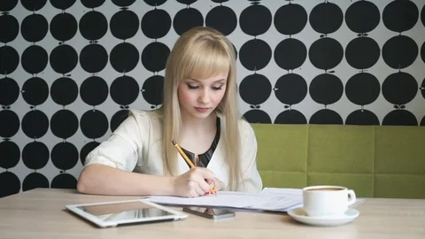 Lady sitting at the cafe during coffee break Stock Footage 74113181