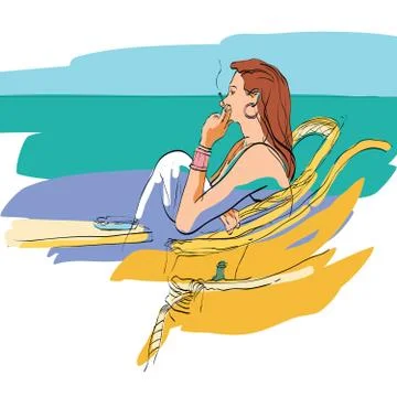 Lady smokes on the seafront Stock Illustration