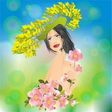 Lady spring in a fancy hat, Stock Illustration