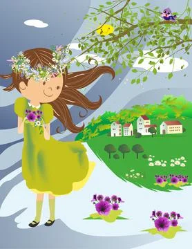 Lady spring with flowers, Stock Illustration