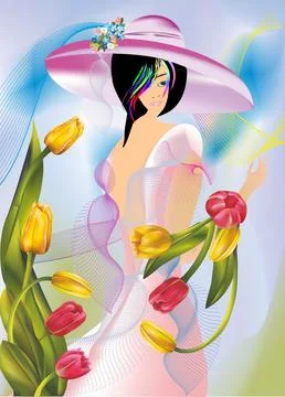 Lady spring with flowers, Stock Illustration