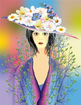 Lady spring hat with flowers Stock Illustration
