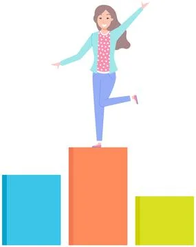 Lady standing at top of visual graph. Woman analyzes data, statistical イラスト素材