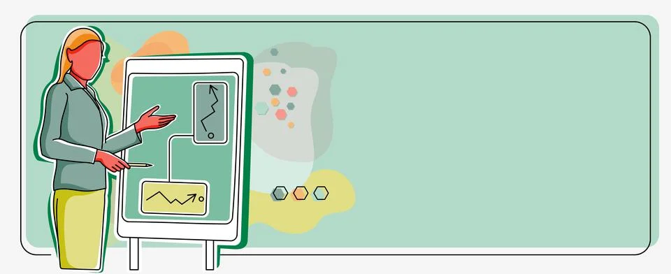 Lady in suit standing front backdrop holding presentation displaying creative Stock Illustration