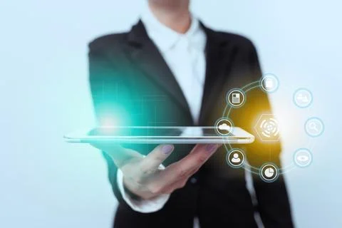 Lady In Suit Standing Presenting Mobile Device Futuristic Interface Technol.. Stock Photos