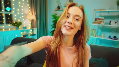 Lady take the camera and stand to speaking with her social media followers while Stock Footage 146475556