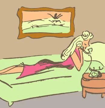 Lady talking by phone lying on bed Stock Illustration