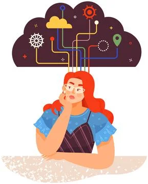 Lady with thoughts in shape of cloud. Development of thinking to deal with Stock Illustration