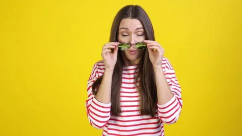 Lady took off specs impressed discount isolated shine color background Stock Footage 169855477