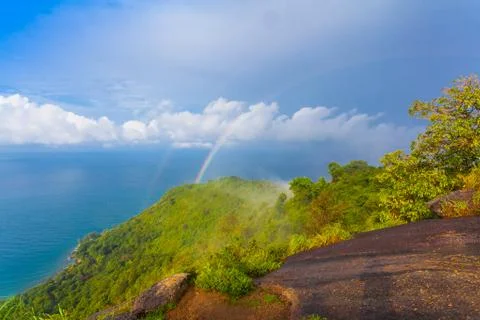 Lady try to catch the rainbow on Pha Hin Dum viewpoint Stock Photos