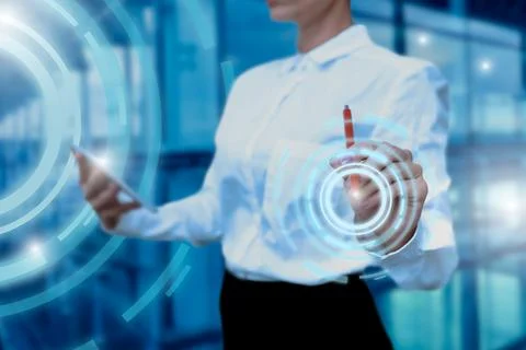 Lady In Uniform Side Standing Holding Tablet In Hand Virtually Typing On Sc.. Stock Photos