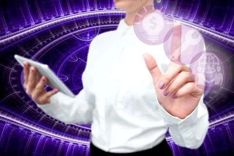 Lady In Uniform Side Standing Holding Tablet In Hand Pressing Virtual Globe.. Stock Photos