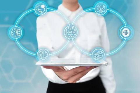 Lady In Uniform Standing Holding Tablet In Hand Presenting Virtual Modern T.. Stock Photos