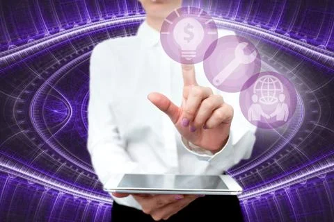 Lady In Uniform Standing Holding Tablet In Hand Pressing Virtual Globe Butt.. Stock Photos