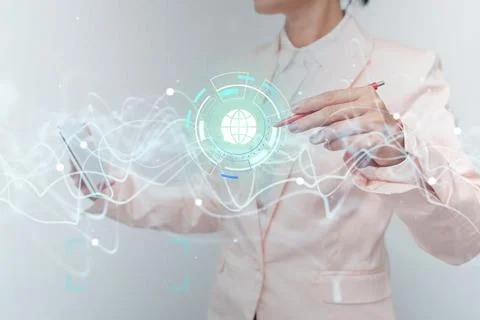 Lady In Uniform Using Futuristic Digital Mobile Interface Technology. Woman.. Stock Photos