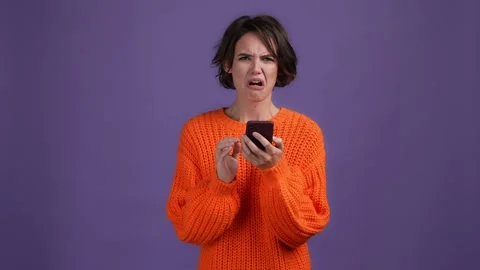 Lady use gadget read repost comment isolated dark bright color background Stock Footage 169361461