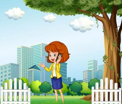 A lady using a cellular phone outside the office Stock Illustration