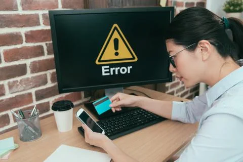 Lady using computer paying getting error problem 스톡 사진