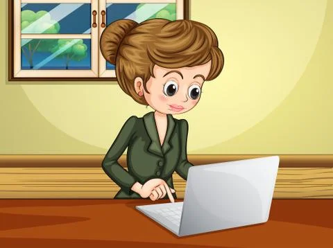 A lady using the laptop near the window Illustrazione stock