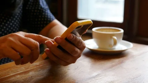 Lady using mobile phone in coffee shop Stock Footage 101035613