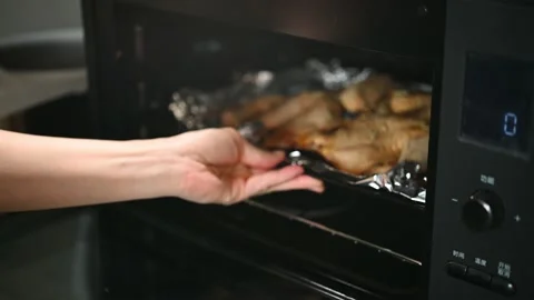 Lady using an oven to bake chicken Stock Footage 198113667