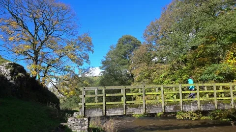 Lady walking along a bridge, crossing the River Dove, near Alstonefield. Stock Footage 321469232
