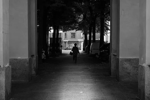 Lady walking along a tree-lined avenue Stock Photos