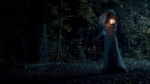 Lady Walking in the Forest and Looking around at night Stock-Footage 258203967