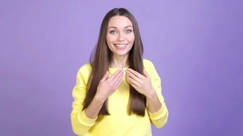 Lady watch distance empty space incredible news isolated shine color background Stock Footage 169997098