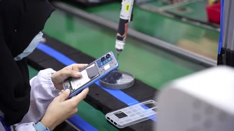 Lady worker applying screws in android smartphone Production assembly line Stock Footage 247154253