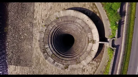Ladybower Reservoir Overflow From Above Stock Footage