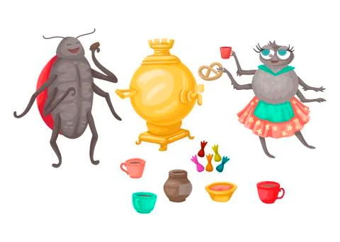 Ladybug and fly drinking tea with pancakes. Vector illustration Stock Illustration