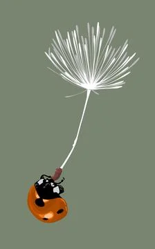 A ladybug blowing a white dandelion.flower potrait view Stock Illustration