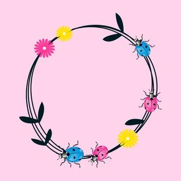 Ladybug in a circle with flowers Stock Illustration