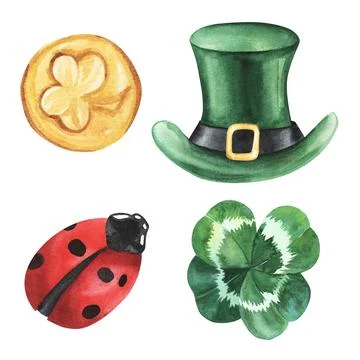 Ladybug doodle st patricks day clover shamrock with good luck. Watercolor Illustrazione stock