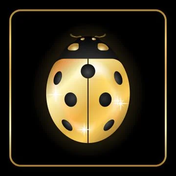 Ladybug gold insect small icon. Golden lady bug animal sign, isolated on blac Stock Illustration