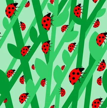Ladybug in grass pattern seamless. Red small bug background. beetle vector te Stock Illustration