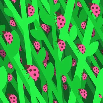 Ladybug in grass pattern seamless. Red small bug background. beetle vector te Stock Illustration