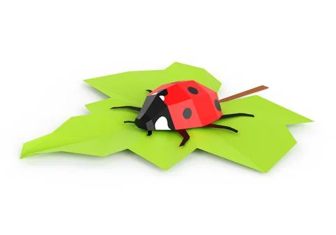Ladybug on leaf, low poly insect, 3d render Illustrazione stock