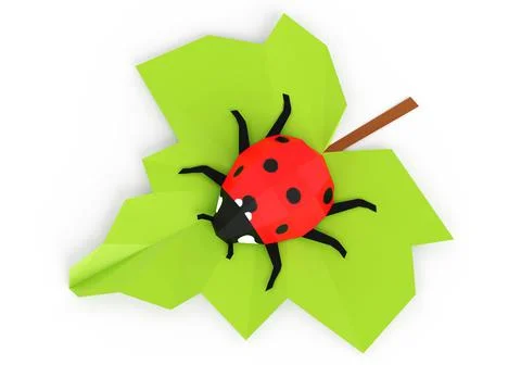 Ladybug on leaf, low poly insect, 3d render Stock Illustration