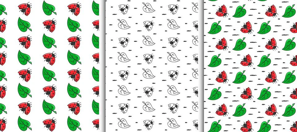 Ladybug, leaf seamless patterns, set of 3. Hand drawn paint brush stroke, doodle Stock Illustration