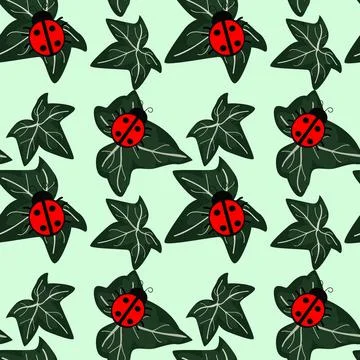 Ladybug nature background seamless pattern. Spring repeating textile texture. Stock Illustration