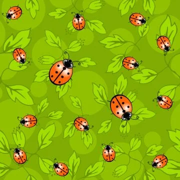 Ladybug pattern - colorful pattern of ladybug and leaves. Stock Illustration